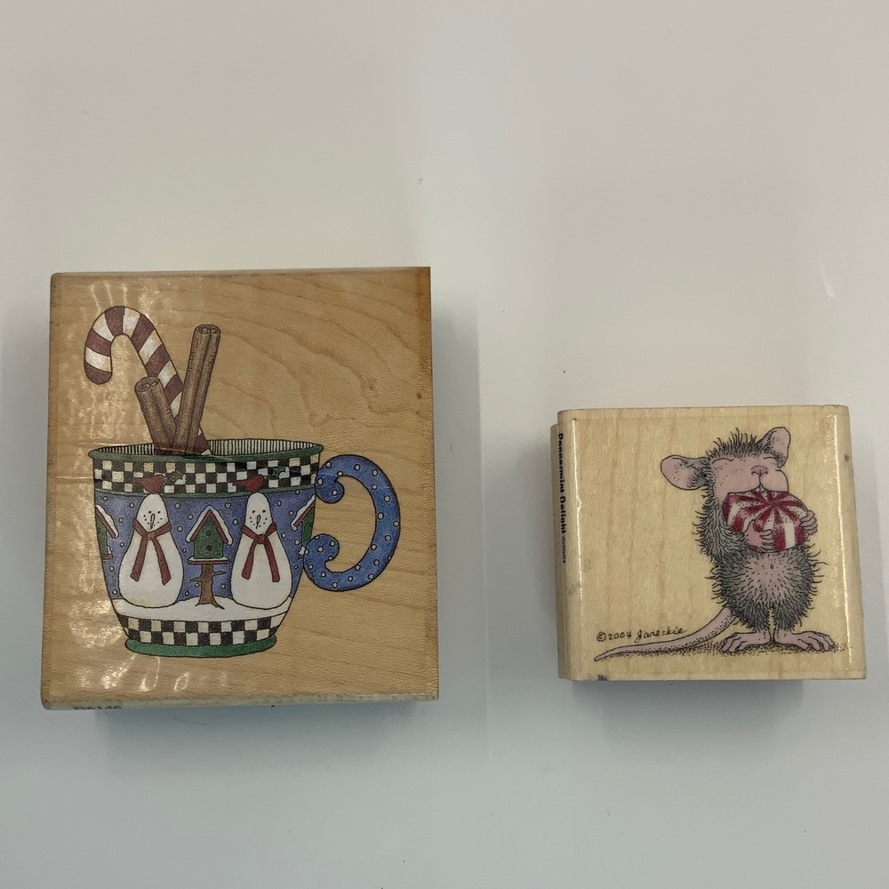 Vintage Stampington Stampabilities Christmas Mouse Mug Wood Rubber Stamps Set